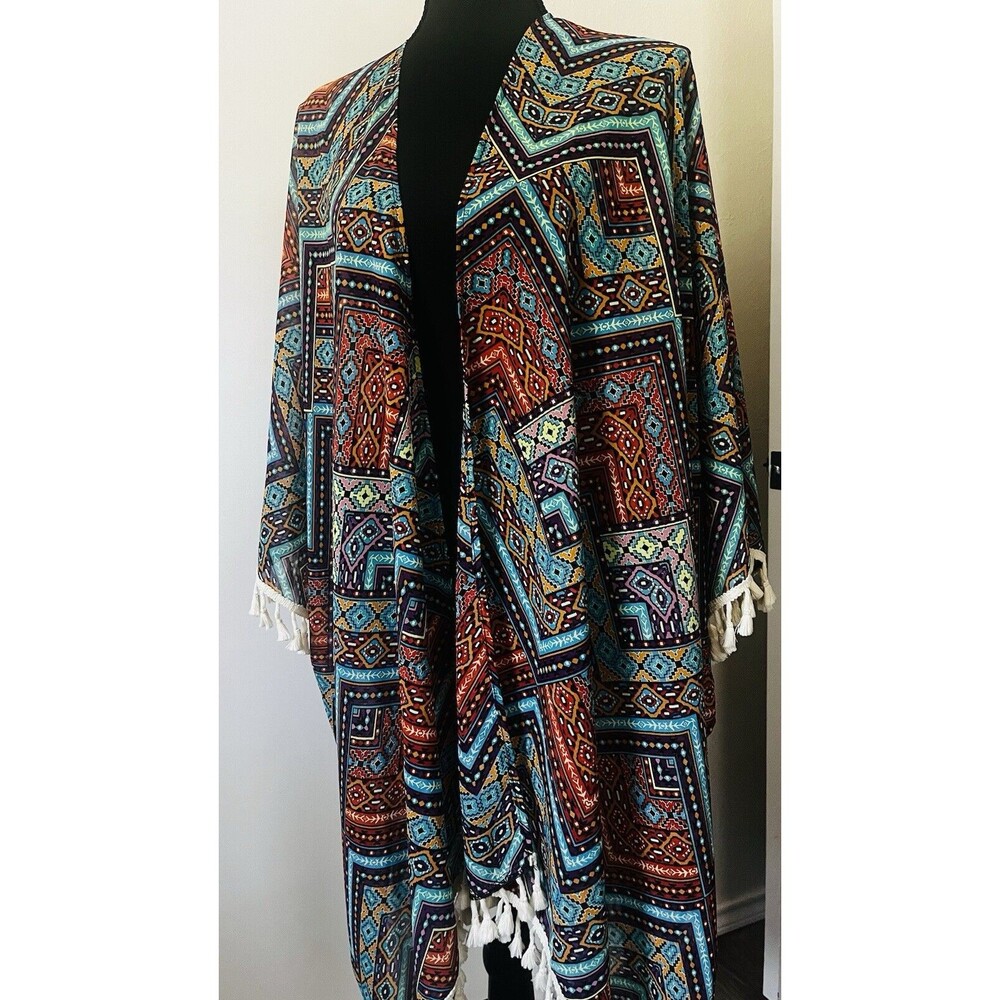 Orange Creek Tasseled Fringed Trim‎ Open Front Flowy Kimono Multicolor Large - Picture 3 of 7